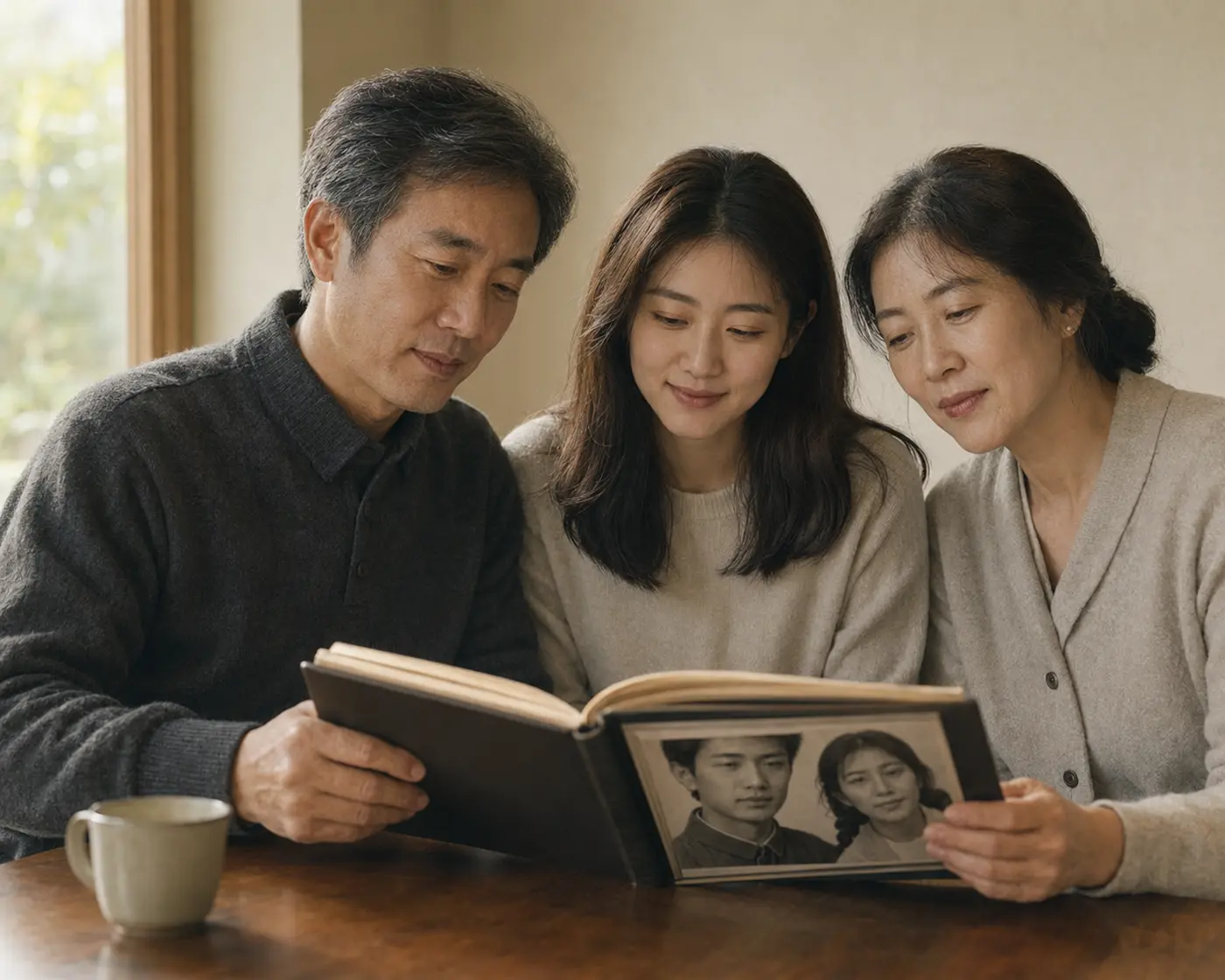 父母与成年女儿在窗边一起翻看家庭相册